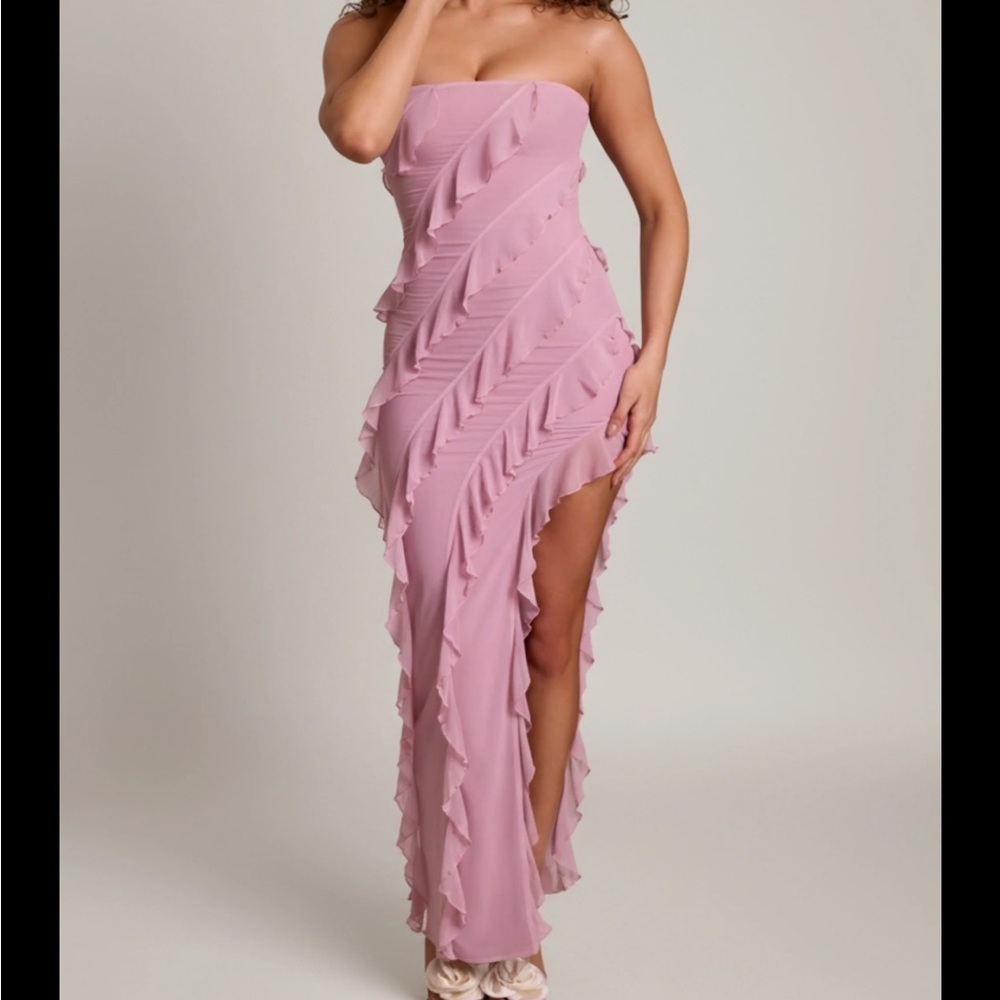 Oh Polly Nevali Badeau Ruffle Detail Maxi Dress Dusty Pink Size 2